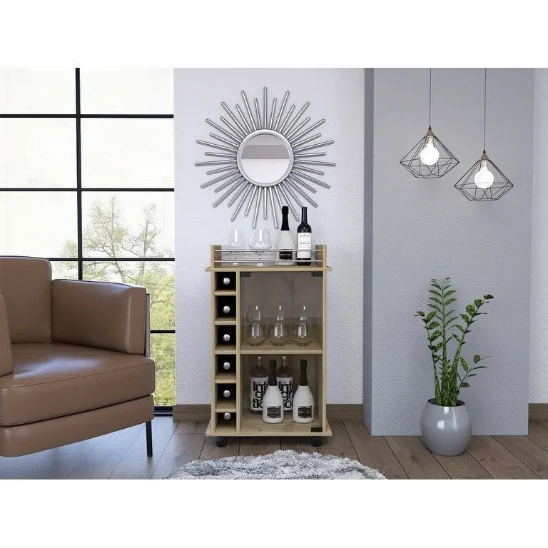 Two Tier Bar Cart with Glass Door and Six Wine Cubbies Light Oak Finish