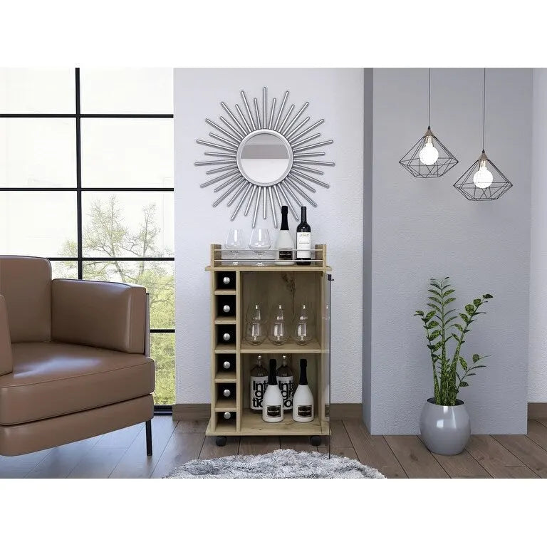 Two Tier Bar Cart with Glass Door and Six Wine Cubbies Light Oak Finish