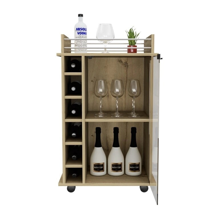 Two Tier Bar Cart with Glass Door and Six Wine Cubbies Light Oak Finish