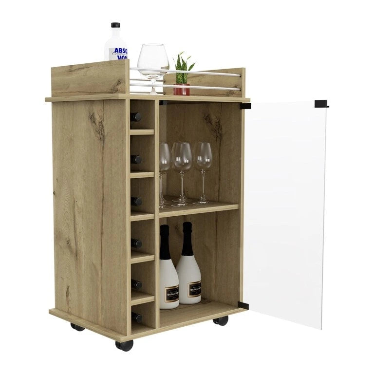 Two Tier Bar Cart with Glass Door and Six Wine Cubbies Light Oak Finish