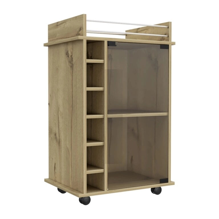 Two Tier Bar Cart with Glass Door and Six Wine Cubbies Light Oak Finish