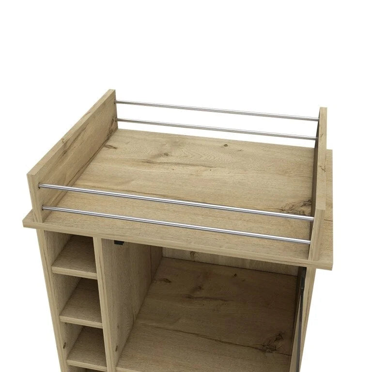 Two Tier Bar Cart with Glass Door and Six Wine Cubbies Light Oak Finish