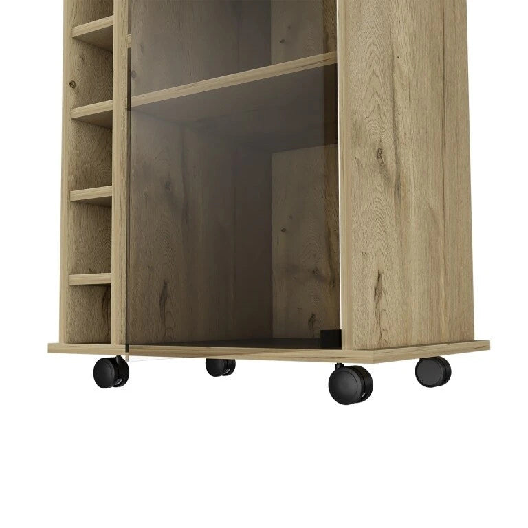 Two Tier Bar Cart with Glass Door and Six Wine Cubbies Light Oak Finish