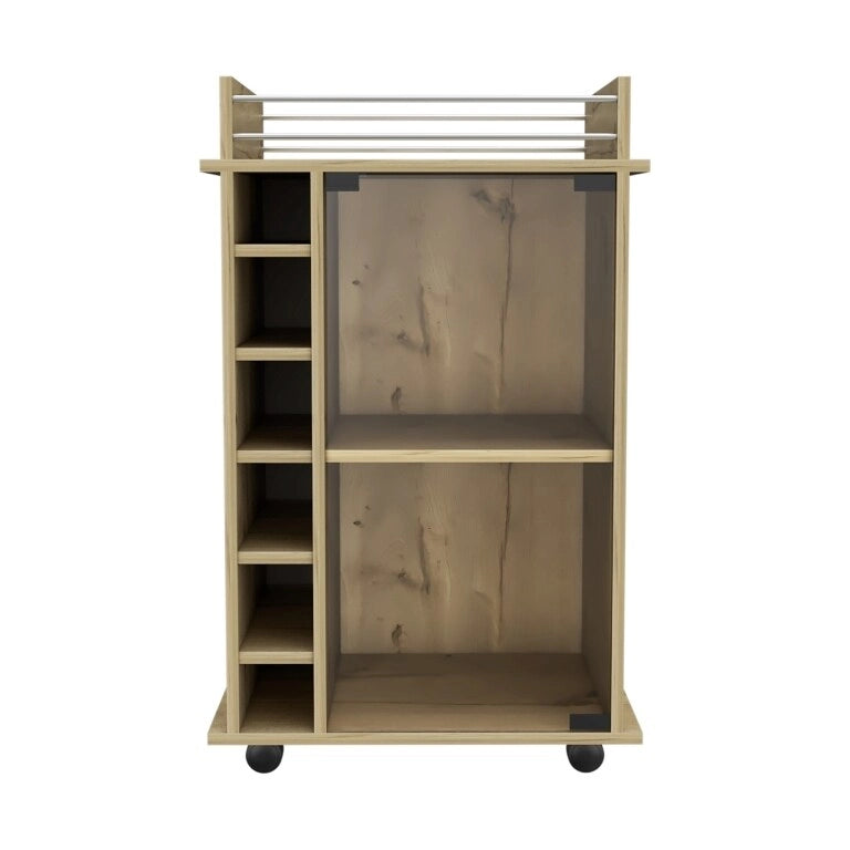 Two Tier Bar Cart with Glass Door and Six Wine Cubbies Light Oak Finish