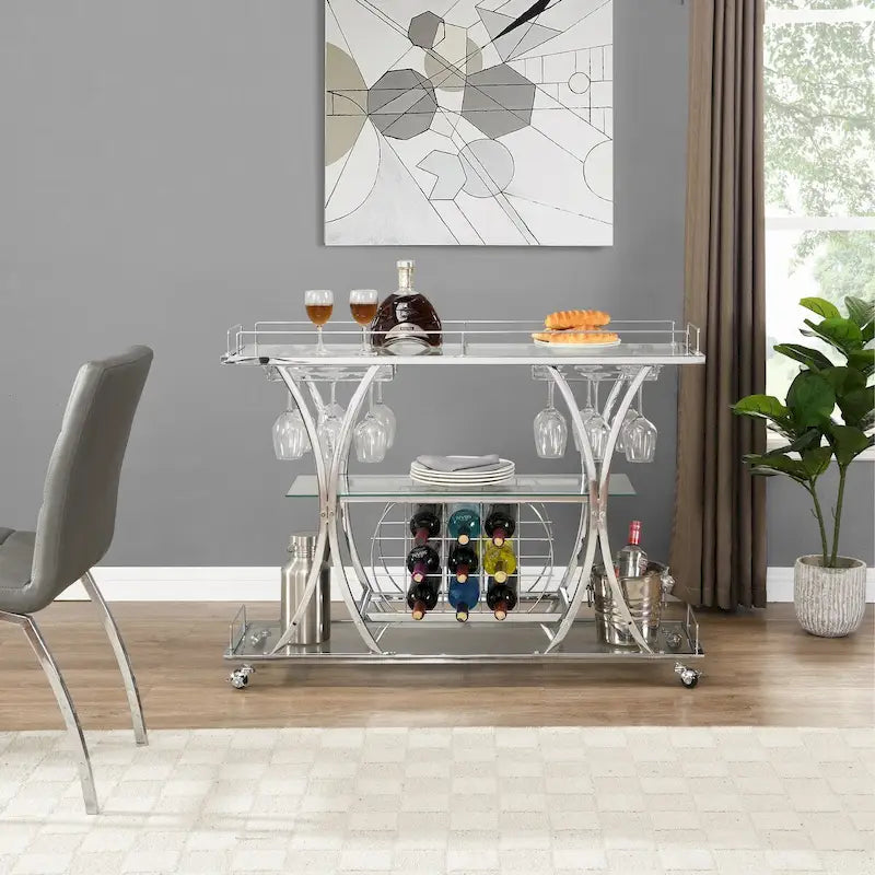 Chrome Bar Cart with Wine Rack and Glass Storage