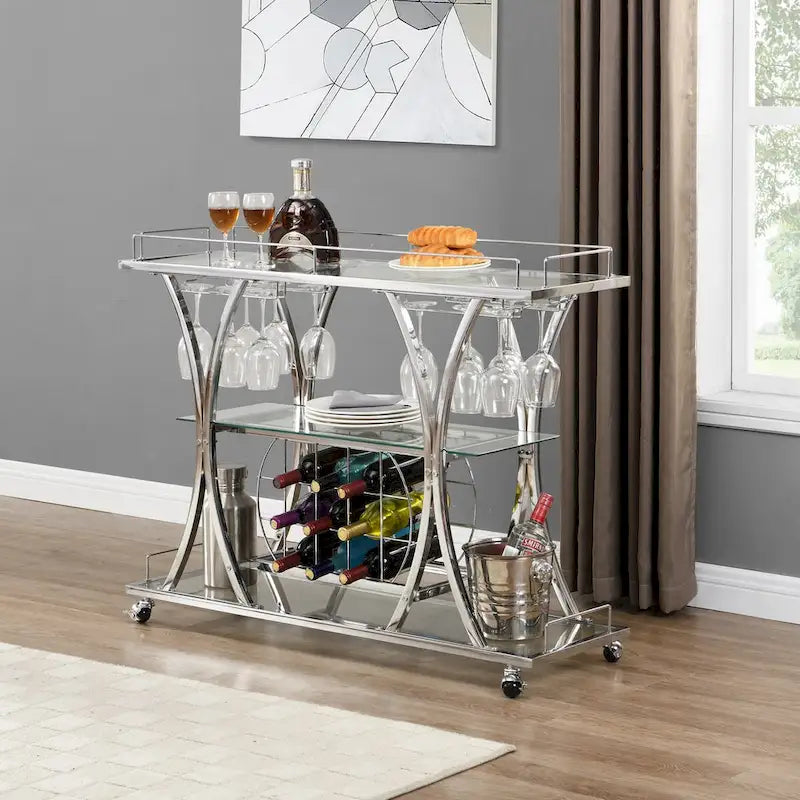 Chrome Bar Cart with Wine Rack and Glass Storage