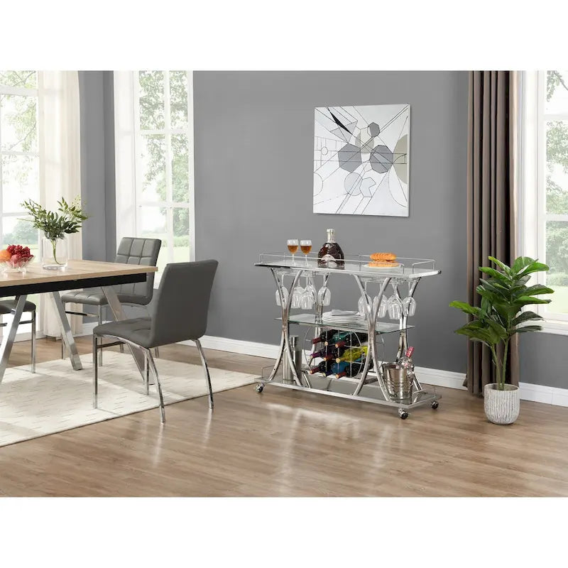 Chrome Bar Cart with Wine Rack and Glass Storage