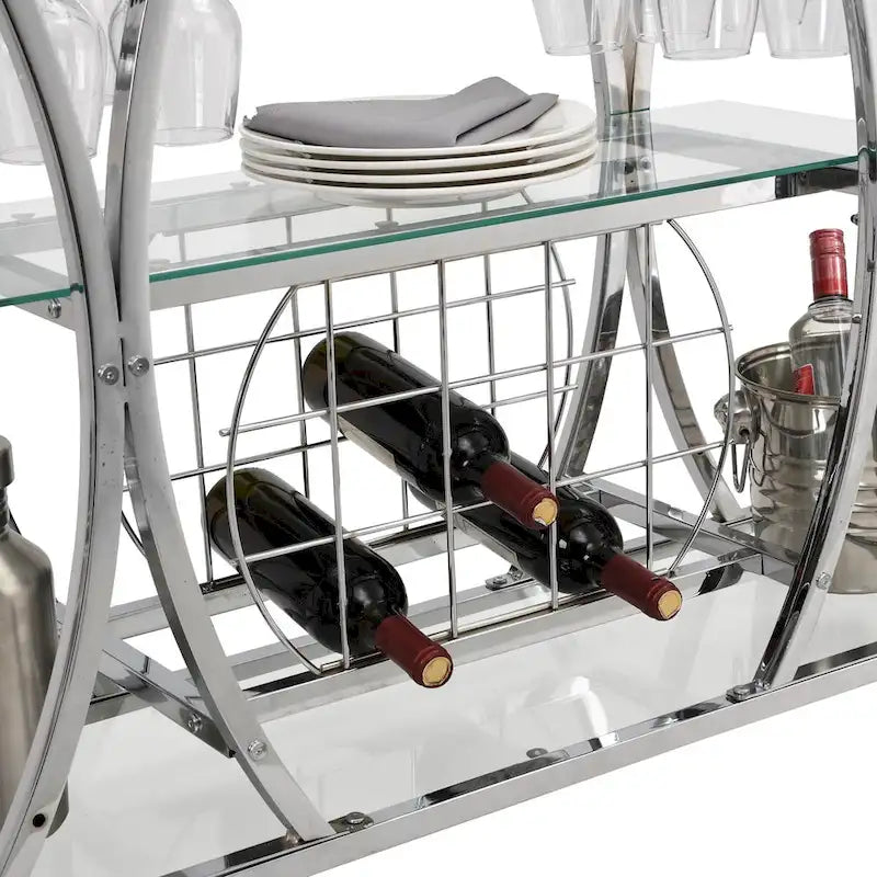 Chrome Bar Cart with Wine Rack and Glass Storage