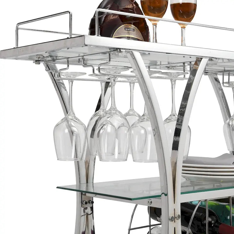 Chrome Bar Cart with Wine Rack and Glass Storage