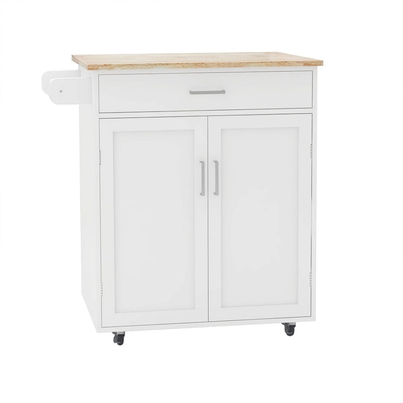 Rolling Kitchen Island with Rubber Wood Top, 33-inch White Storage Trolley Cart with 1 Drawer, Adjustable Shelves & Towel Rack