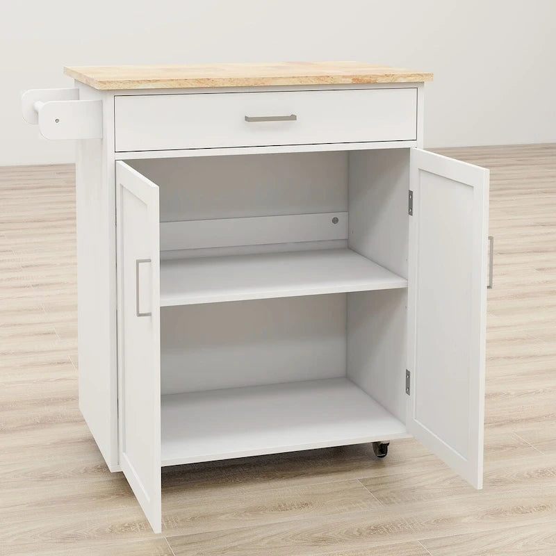 Rolling Kitchen Island with Rubber Wood Top, 33-Inch White Storage Trolley Cart with Drawer, Adjustable Shelves and Towel Rack
