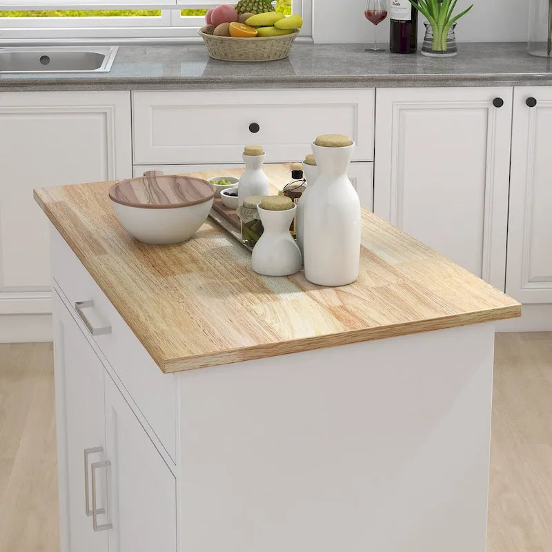 Rolling Kitchen Island with Rubber Wood Top, 33-Inch White Storage Trolley Cart with Drawer, Adjustable Shelves and Towel Rack