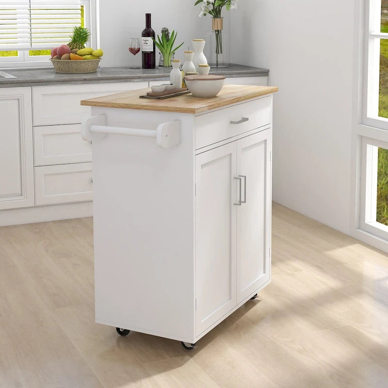 Rolling Kitchen Island with Rubber Wood Top, 33-Inch White Storage Trolley Cart with Drawer, Adjustable Shelves and Towel Rack