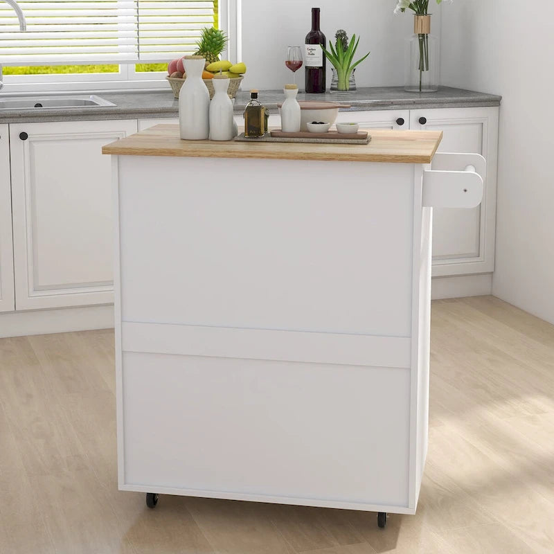 Rolling Kitchen Island with Rubber Wood Top, 33-Inch White Storage Trolley Cart with Drawer, Adjustable Shelves and Towel Rack