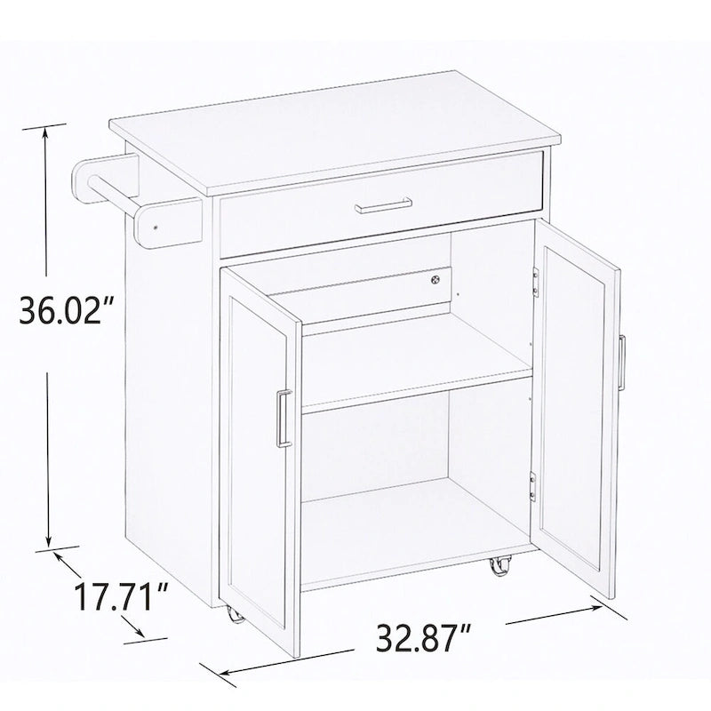 Rolling Kitchen Island with Rubber Wood Top, 33-Inch White Storage Trolley Cart with Drawer, Adjustable Shelves and Towel Rack