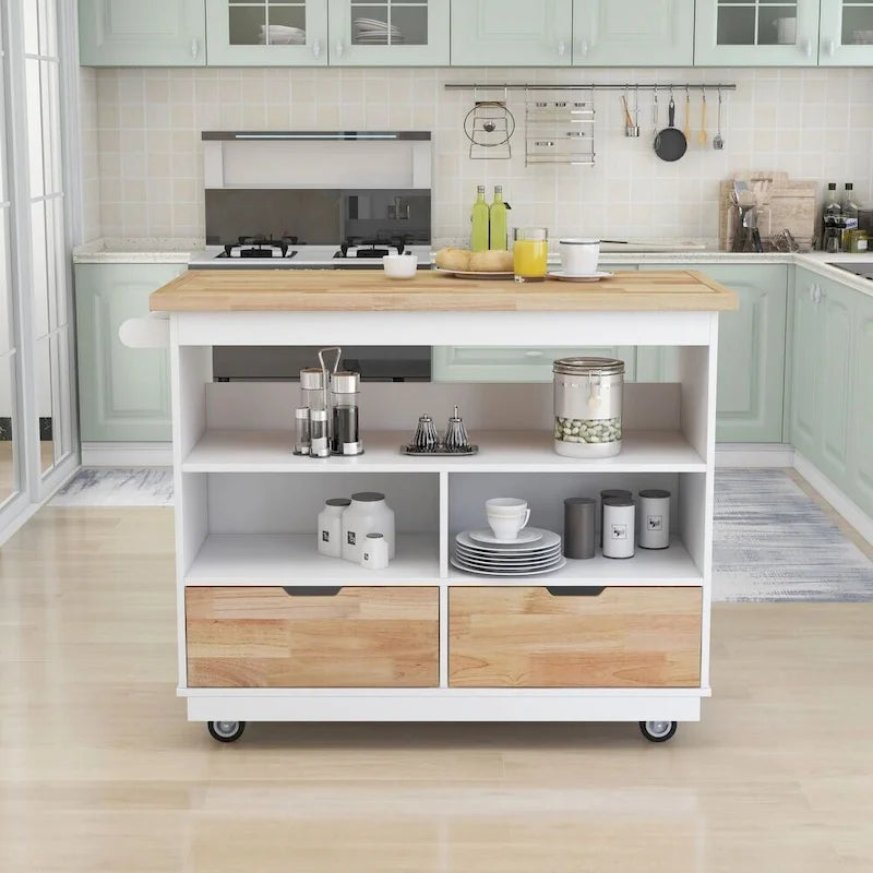 Rolling Kitchen Island Cart with RubberWood Top, Wine Rack, 2 Drawers and Wheels