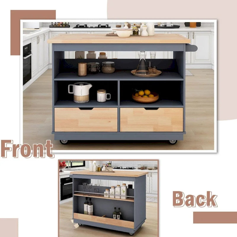Rolling Kitchen Island Cart with RubberWood Top, Wine Rack, 2 Drawers and Wheels