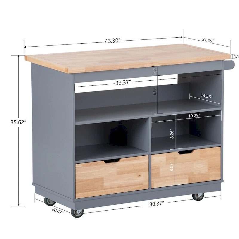 Rolling Kitchen Island Cart with RubberWood Top, Wine Rack, 2 Drawers and Wheels