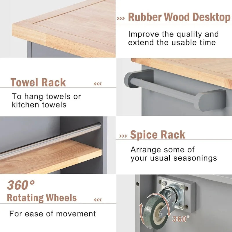 Rolling Kitchen Island Cart with RubberWood Top, Wine Rack, 2 Drawers and Wheels