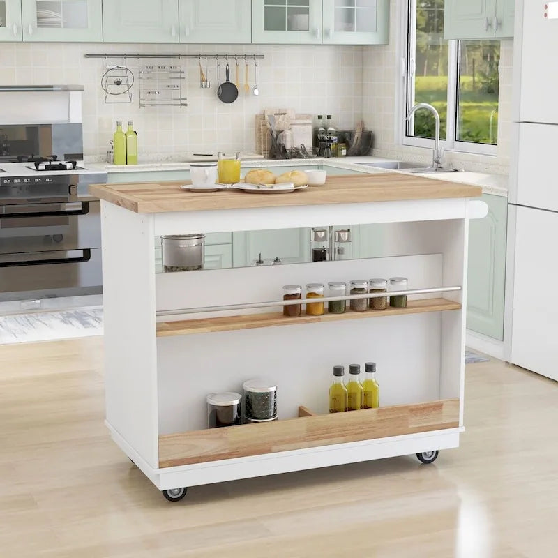 Rolling Kitchen Island Cart with RubberWood Top, Wine Rack, 2 Drawers and Wheels