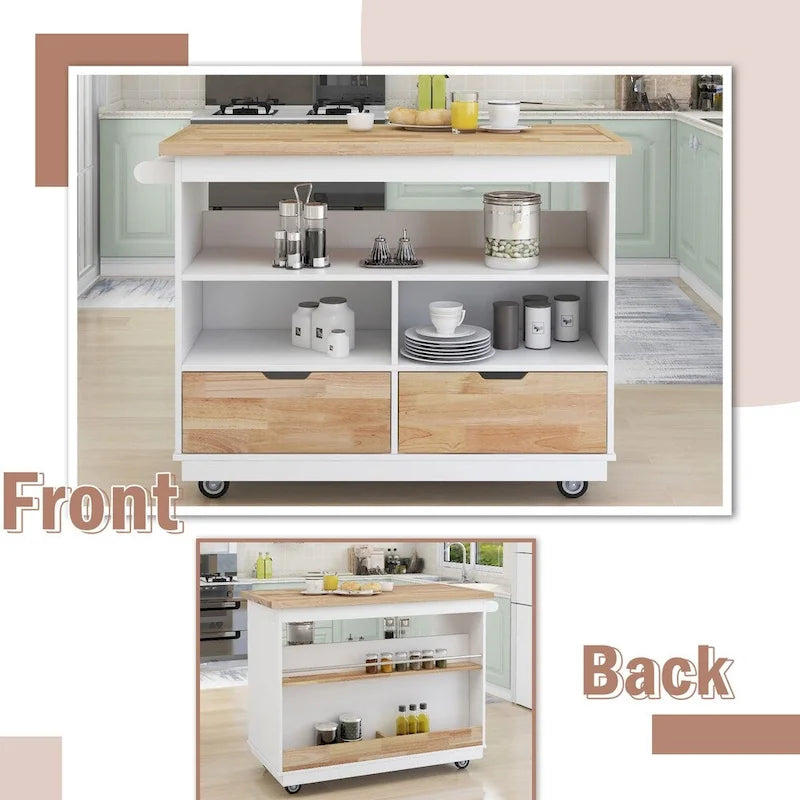 Rolling Kitchen Island Cart with RubberWood Top, Wine Rack, 2 Drawers and Wheels