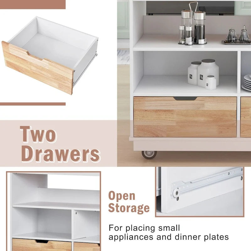 Rolling Kitchen Island Cart with RubberWood Top, Wine Rack, 2 Drawers and Wheels