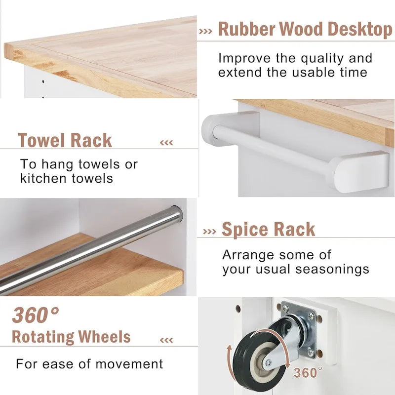 Rolling Kitchen Island Cart with RubberWood Top, Wine Rack, 2 Drawers and Wheels