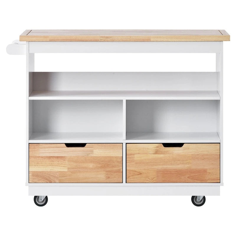 Rolling Kitchen Island Cart with RubberWood Top, Wine Rack, 2 Drawers and Wheels
