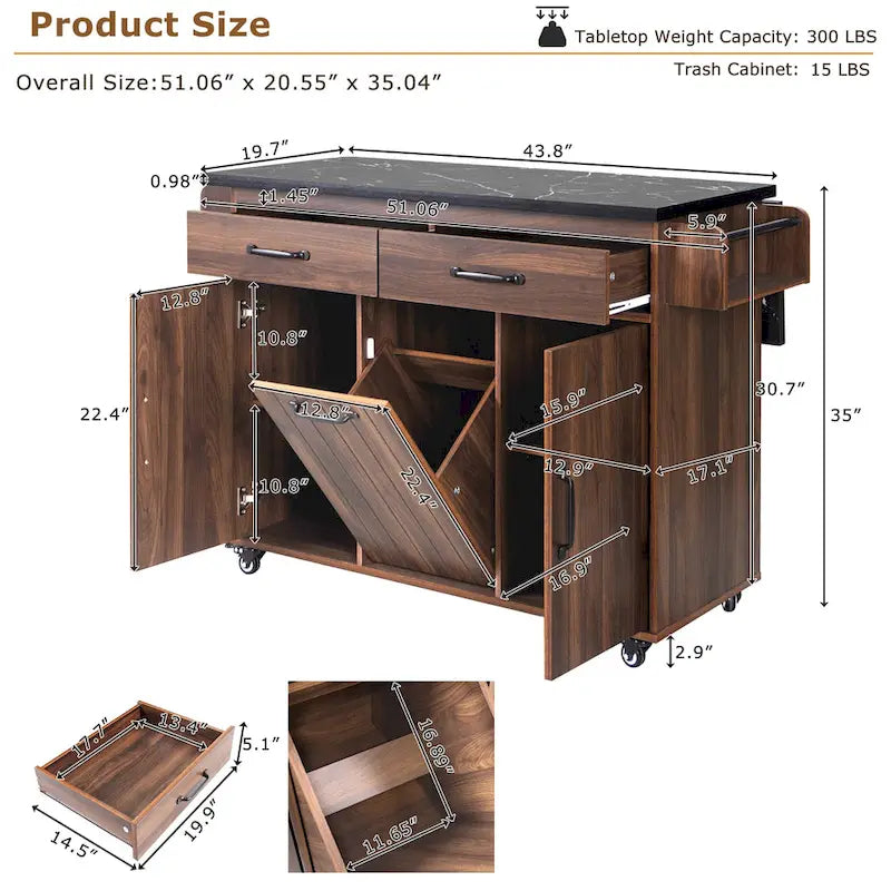 Kitchen Island with Trash Can Storage Cabinet