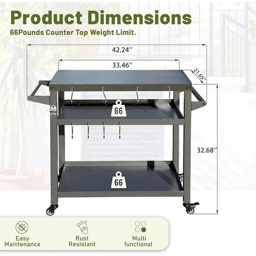 3-Shelf Outdoor Grill Table with Wheels Hooks and Storage Shelves