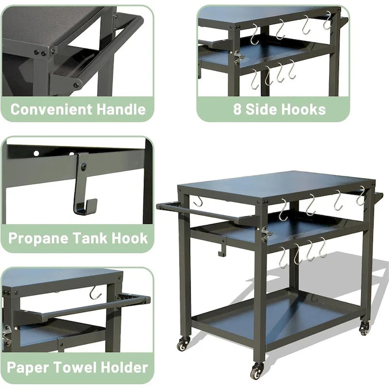 3-Shelf Outdoor Grill Table with Wheels Hooks and Storage Shelves