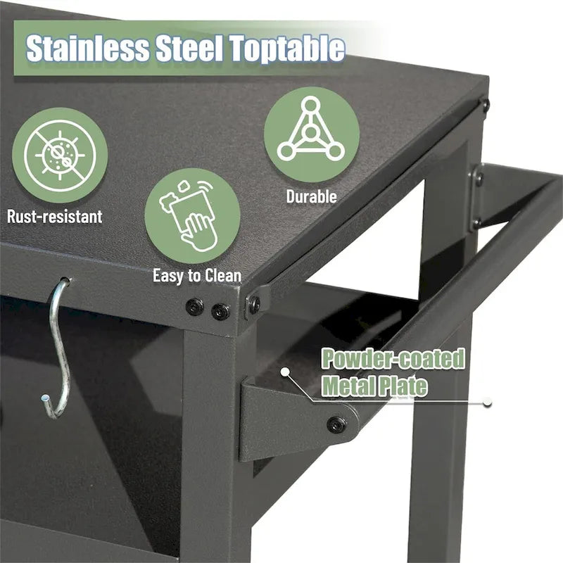 3-Shelf Outdoor Grill Table with Wheels Hooks and Storage Shelves