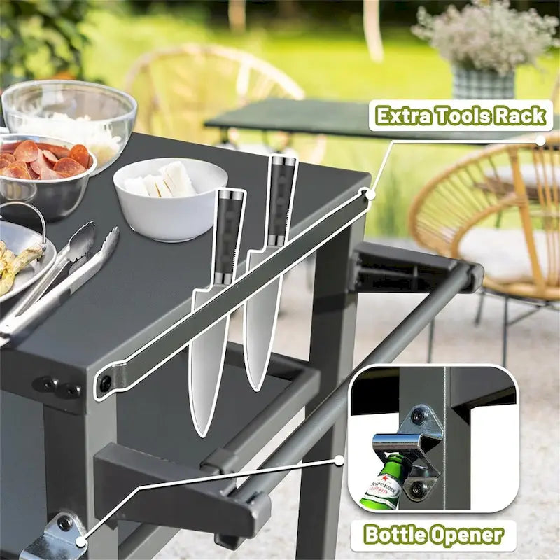 3-Shelf Outdoor Grill Table with Wheels Hooks and Storage Shelves