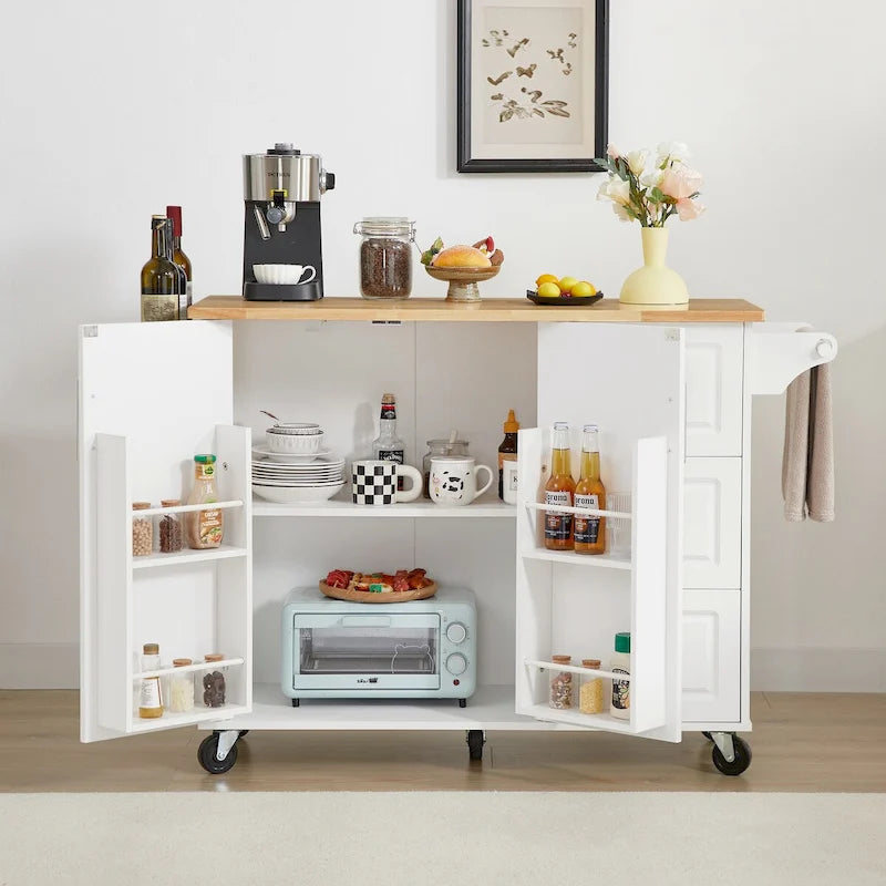 Kitchen Island Cart with Drop Leaf Countertop, Storage Cabinet, Drawer, Tower Rack and Wheels