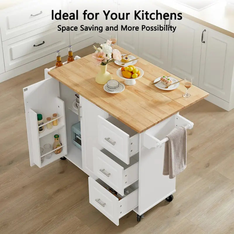 Kitchen Island Cart with Drop Leaf Countertop, Storage Cabinet, Drawer, Tower Rack and Wheels