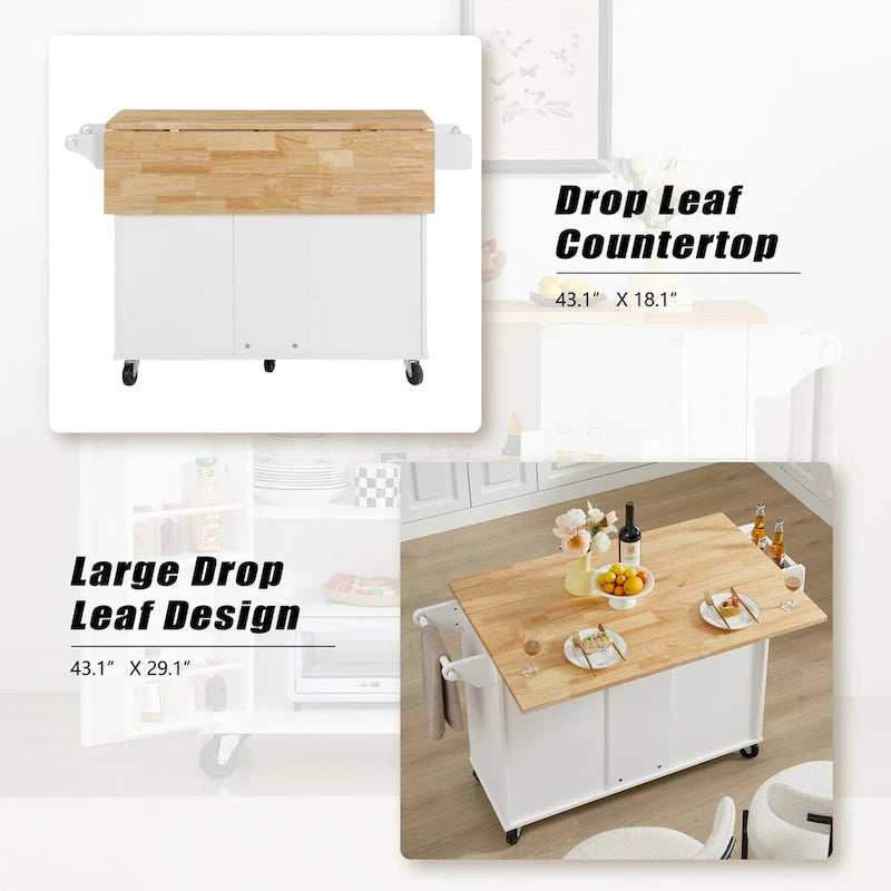 Kitchen Island Cart with Drop Leaf Countertop, Storage Cabinet, Drawer, Tower Rack and Wheels