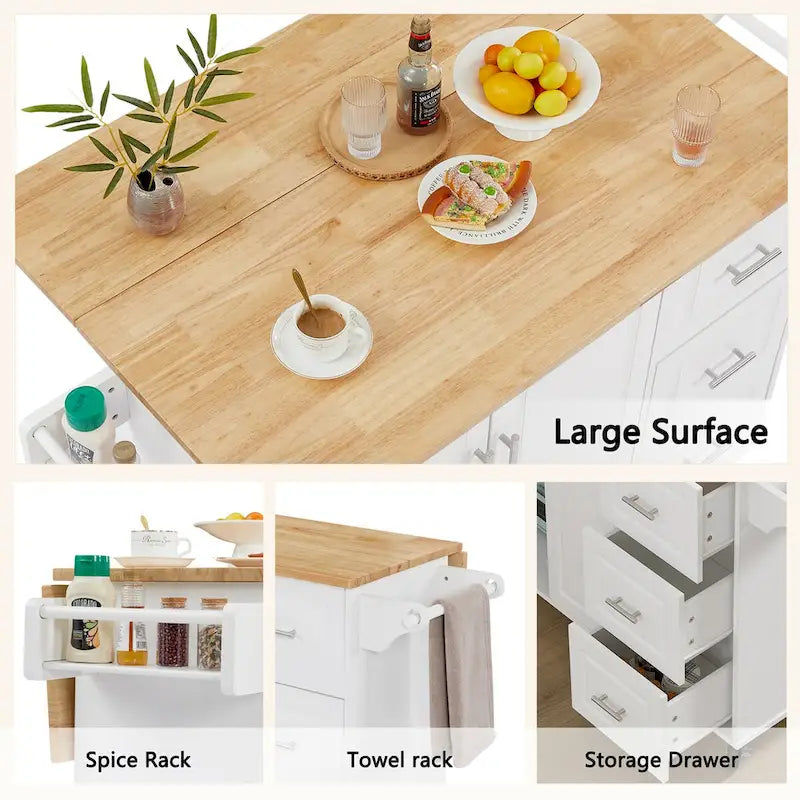 Kitchen Island Cart with Drop Leaf Countertop, Storage Cabinet, Drawer, Tower Rack and Wheels