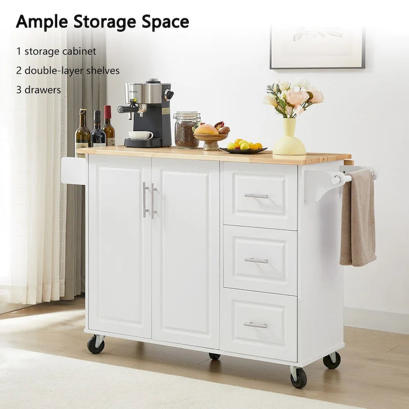 Kitchen Island Cart with Drop Leaf Countertop, Storage Cabinet, Drawer, Tower Rack and Wheels