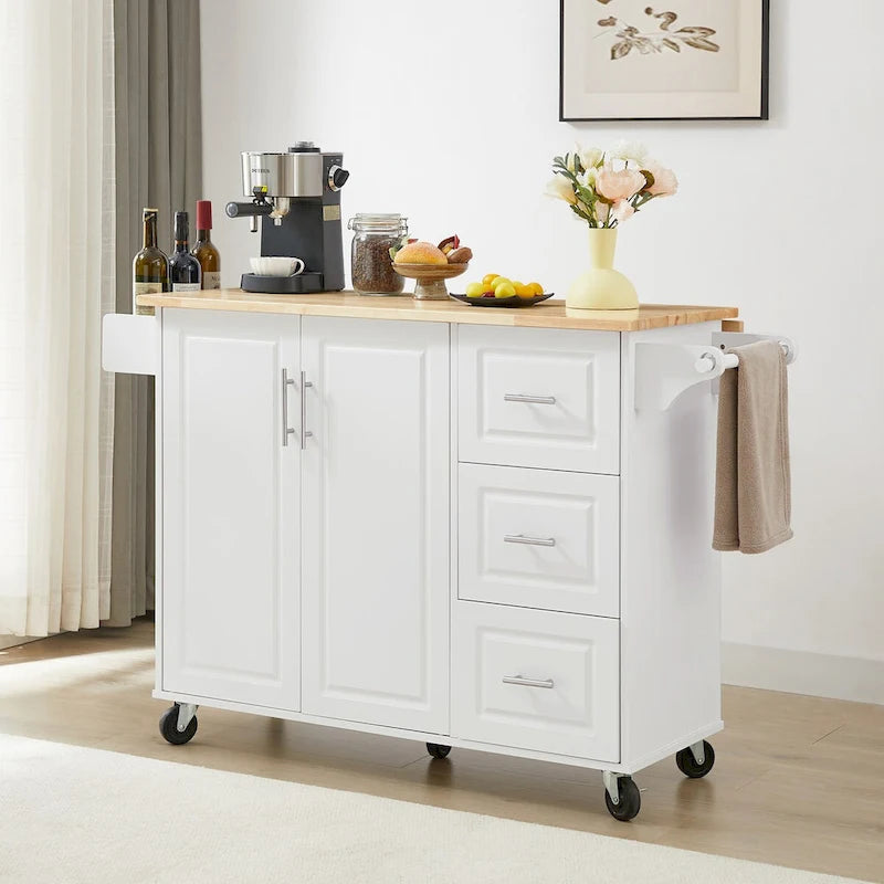Kitchen Island Cart with Drop Leaf Countertop, Storage Cabinet, Drawer, Tower Rack and Wheels