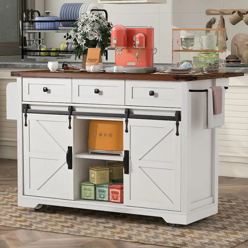 53.7 Kitchen Island, Power Outlet, 2 Sliding Barn Door Kitchen Storage Island Drop Leaf, Rack Rolling Kitchen Cart on Wheels