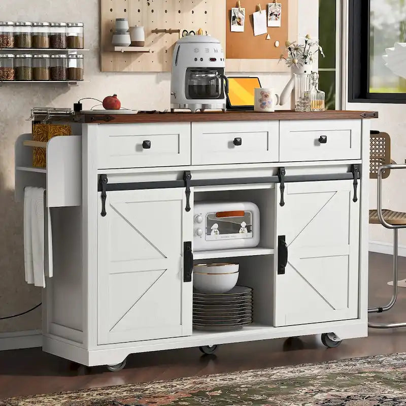 Kitchen Island with Power Outlet Sliding Barn Doors Drop Leaf Rolling Cart on Wheels