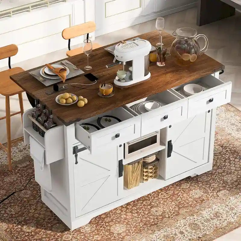 Kitchen Island with Power Outlet Sliding Barn Doors Drop Leaf Rolling Cart on Wheels