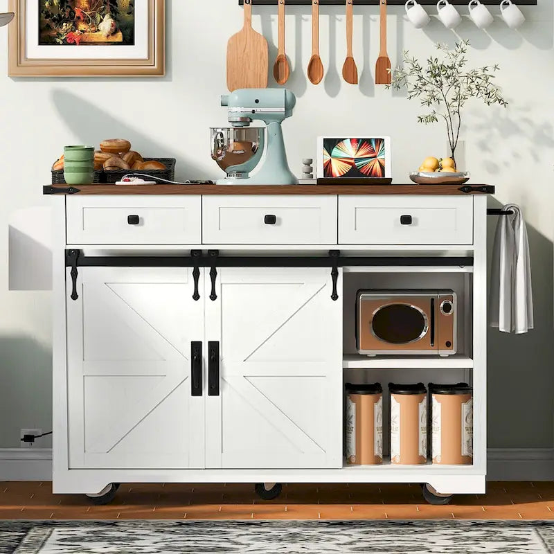 Kitchen Island with Power Outlet Sliding Barn Doors Drop Leaf Rolling Cart on Wheels