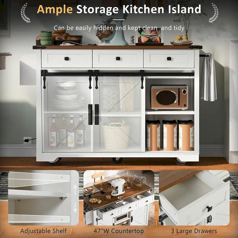 Kitchen Island with Power Outlet Sliding Barn Doors Drop Leaf Rolling Cart on Wheels