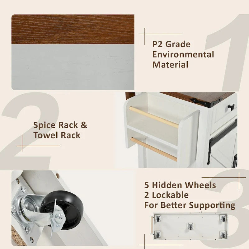 Kitchen Island with Power Outlet Sliding Barn Doors Drop Leaf Rolling Cart on Wheels