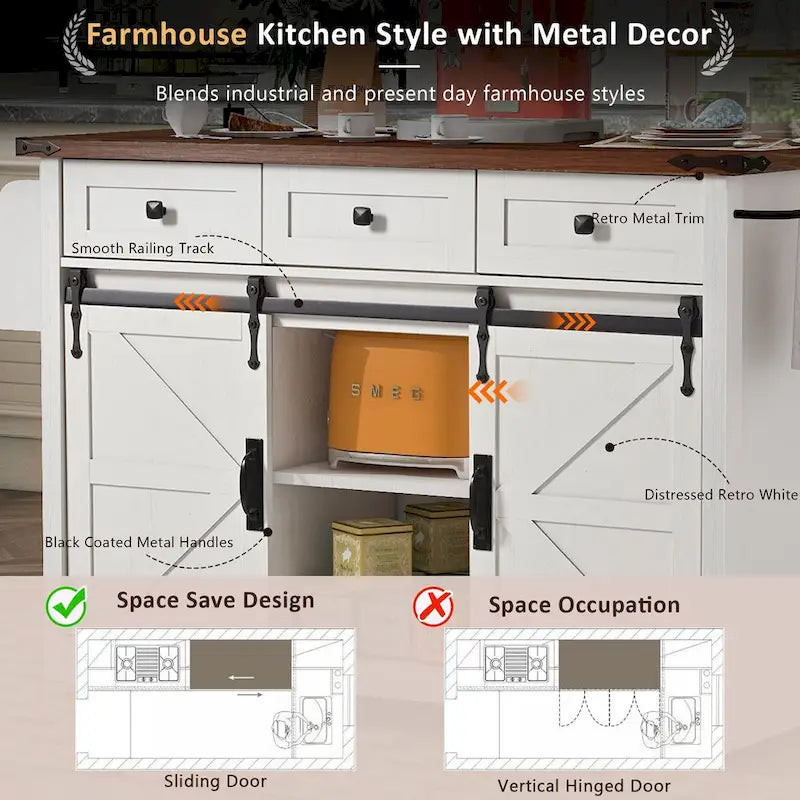 Kitchen Island with Power Outlet Sliding Barn Doors Drop Leaf Rolling Cart on Wheels