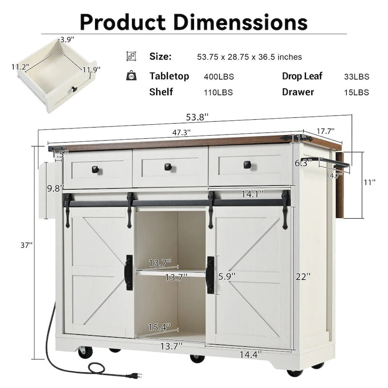 Kitchen Island with Power Outlet Sliding Barn Doors Drop Leaf Rolling Cart on Wheels