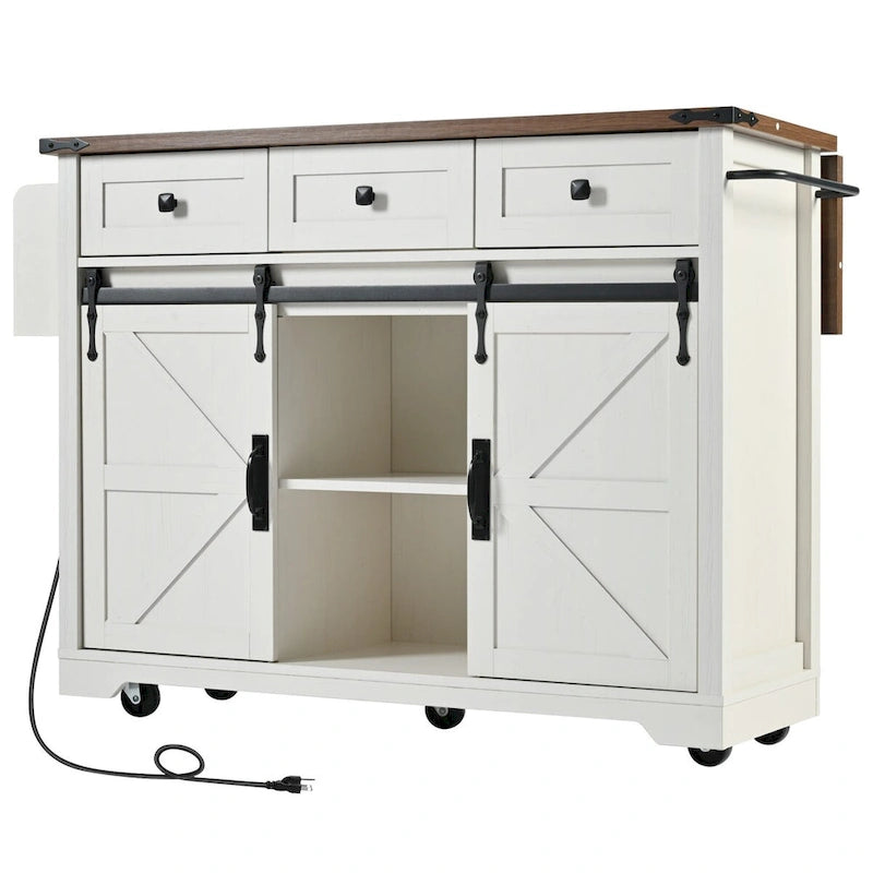 Kitchen Island with Power Outlet Sliding Barn Doors Drop Leaf Rolling Cart on Wheels