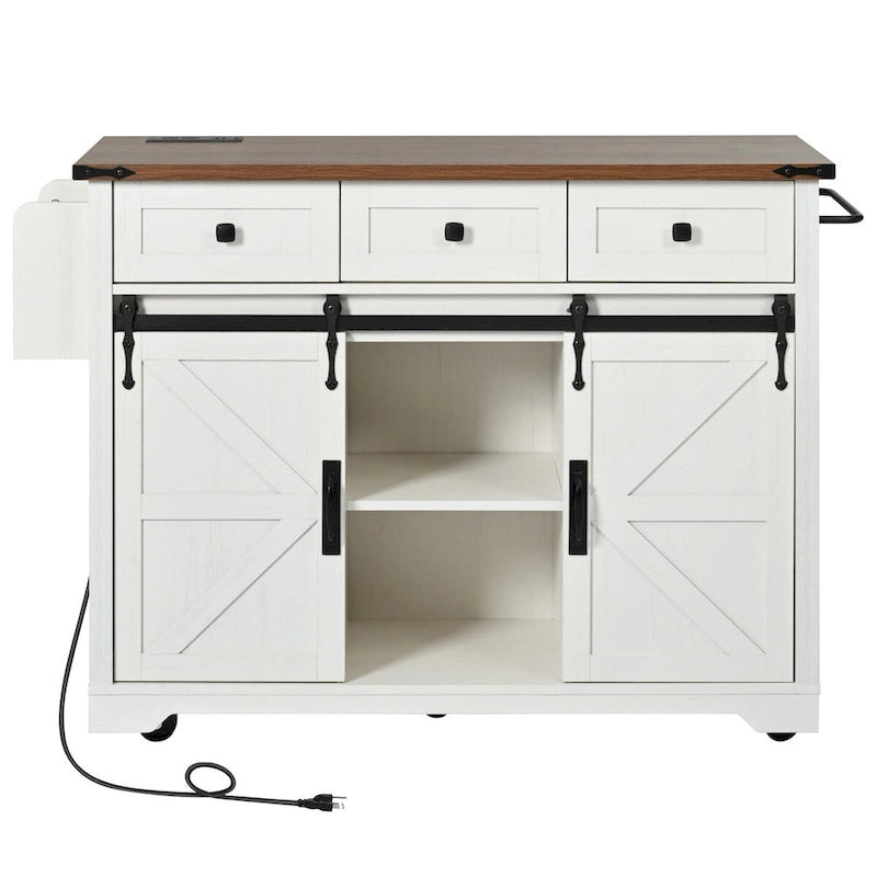 Kitchen Island with Power Outlet Sliding Barn Doors Drop Leaf Rolling Cart on Wheels