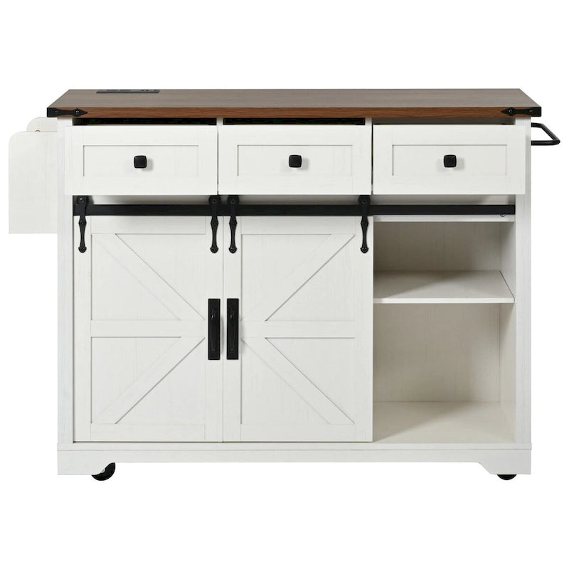 Kitchen Island with Power Outlet Sliding Barn Doors Drop Leaf Rolling Cart on Wheels